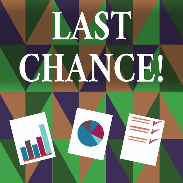 Handwriting text writing Last Chance. Concept meaning final opportunity to achieve or acquire something you want Presentation of Bar, Data and Pie Chart Diagram Graph Each on White Paper. — Φωτογραφία Αρχείου