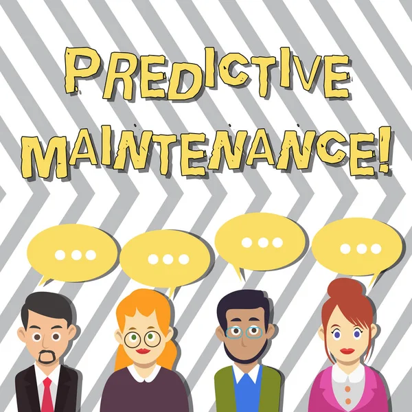 Conceptual hand writing showing Predictive Maintenance. Business photo text maintenance strategy driven by predictive analytics Group of Business People with Speech Bubble with Three Dots.