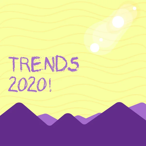 Tekstteken toont Trends 2020. Conceptuele foto algemene richting waarin iets is het ontwikkelen of veranderen van mening van kleurrijke bergen en heuvels met Lunar en zonsverduistering gebeurt. — Stockfoto