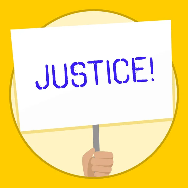 Text sign showing Justice. Conceptual photo impartial adjustment of conflicting claims or assignments Hand Holding Blank White Placard Supported by Handle for Social Awareness.