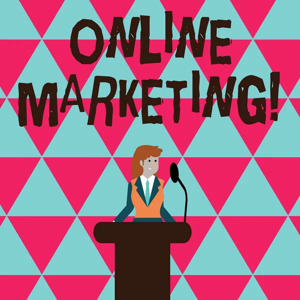Conceptual hand writing showing Online Marketing. Business photo text leveraging web based channels spread about companys brand Businesswoman Behind Podium Rostrum Speaking on Microphone. — Stockfoto
