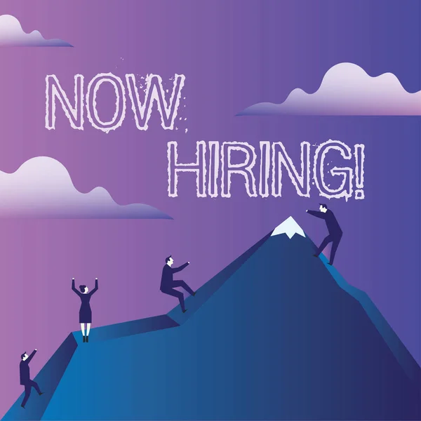 Word writing text Now Hiring. Business concept for finding evaluating working relationship with future employees Business People Climbing Color Mountain by Themselves Holding Invisible Rope.