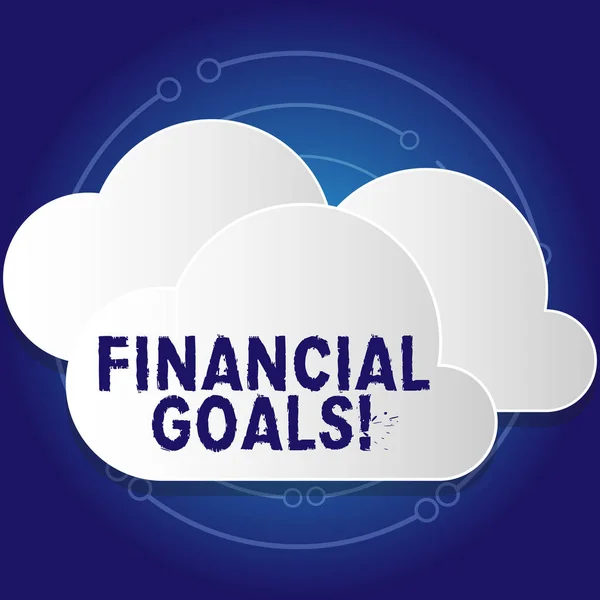 Conceptual hand writing showing Financial Goals. Business photo text targets usually driven by specific future financial needs White Clouds Cut Out of Board Floating on Top of Each Other.