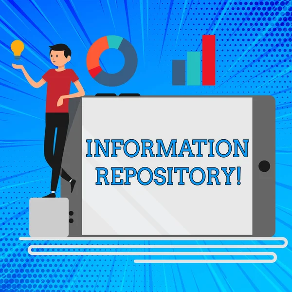 Handwriting text Information Repository. Concept meaning A place where data are stored and can be found Man Leaning on Blank Smartphone Turned on Its Side with Graph and Idea Icon. — Φωτογραφία Αρχείου