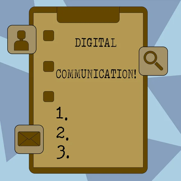 Signo de texto que muestra comunicación digital. Intercambio conceptual de fotos de datos que se transmite en un portapapeles digital con Tick Box y 3 iconos de aplicaciones para evaluación, actualizaciones, recordatorio . — Foto de Stock