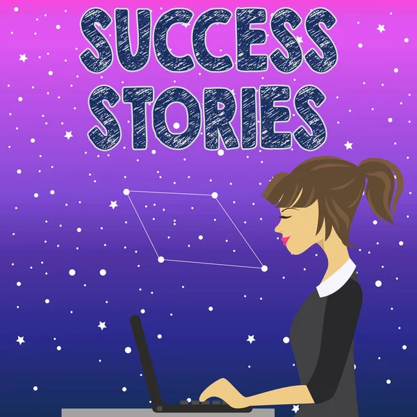 Handwriting text Success Stories. Concept meaning story demonstrating who rises to fortune or brilliant achievement photo of Young Busy Woman Sitting Side View and Working on her Laptop. — Stock Photo, Image