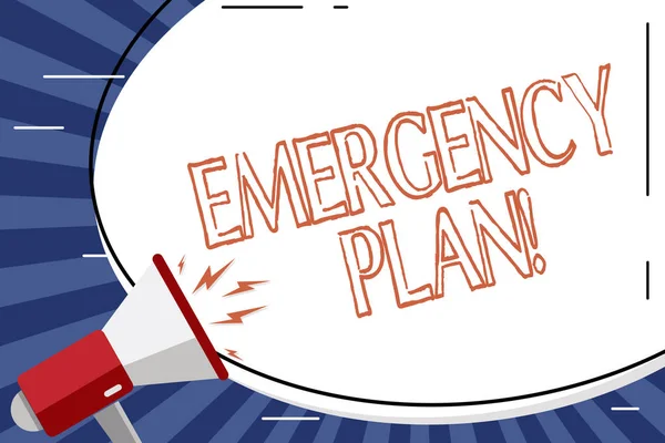 Handwriting text Emergency Plan. Concept meaning course of action developed to mitigate damage of events Blank White Huge Oval Shape Sticker and Megaphone Shouting with Volume Icon. — Stock Photo, Image