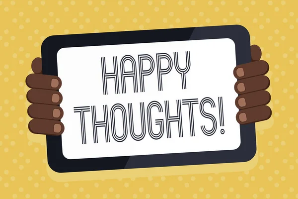 Word writing text Happy Thoughts. Business concept for good idea opinion produced by thinking or occurring mind Color Tablet Smartphone with Blank Screen Handheld from the Back of Gadget. — Φωτογραφία Αρχείου