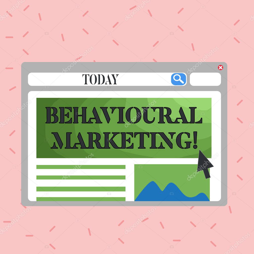 Text sign showing Behavioural Marketing. Conceptual photo targets consumers based on their behavior on Web sites Blank Template of Pastel Colorful Website Layout Design for Homepage Format.