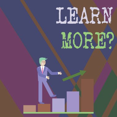 Daha fazlasını öğrenin sorusu gösteren Not yazma. İş fotoğraf vitrine kazanç bilgi veya beceri eğitim antrenman gülümseyen işadamı tırmanma Bar grafik takip bir ok yukarı.