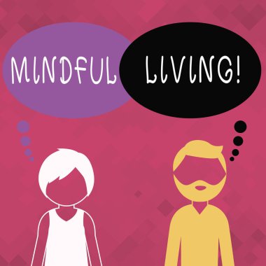 Word yazma metin Mindful yaşam. Düşünceler duyguları bilinç anlar için iş kavramı bedensel duyumlar sakallı adam ve kadın Faceless profil ile boş renkli düşünce kabarcık.