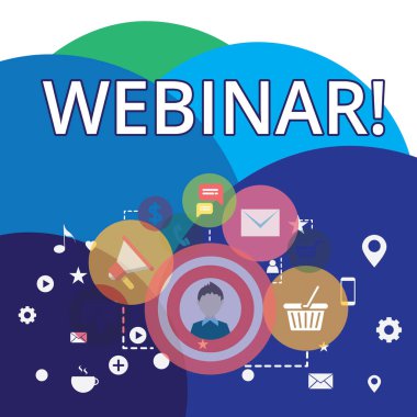 Webinar 'ı gösteren Not yazma. İş fotoğraf vitrine seminer veya diğer sunum türleri Internet fotoğraf yer alır dijital pazarlama kampanyası simgeleri ve öğeleri e-ticaret için.