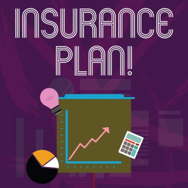 Word yazma metin sigorta planı. Risk kapak gibi faydaları sağlamak için iş kavramı sabit gelir iade güvenliği yatırım simgeleri Pie ve Line Chart ok yukarı gidiyor, ampul, hesap makinesi.