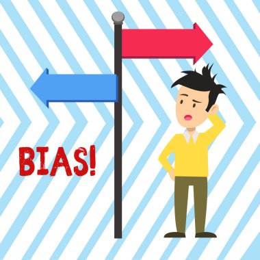 Word yazma metin bias. Bir gösteri grubuna karşı ya da karşı insiyasyon veya önyargı için iş konsepti karşı taraf yönüne Işaret eden yol Işareti ok ile karıştı adam.
