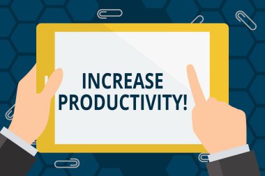 Kavramsal el yazma verimliliği artırın gösterir. İş fotoğraf Vitrini üretim süreçlerinin verimliliğini artırın el tutma Işaret dokunmadan renk tablet beyaz ekran.