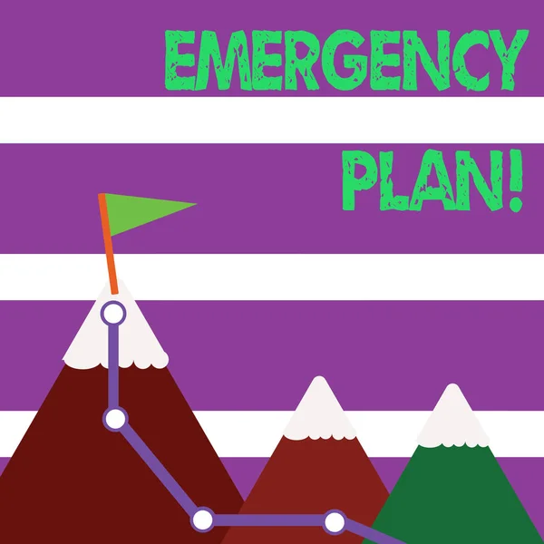 Word writing text Emergency Plan. Business concept for course of action developed to mitigate damage of events Three Mountains with Hiking Trail and White Snowy Top with Flag on One Peak. — Stock Photo, Image