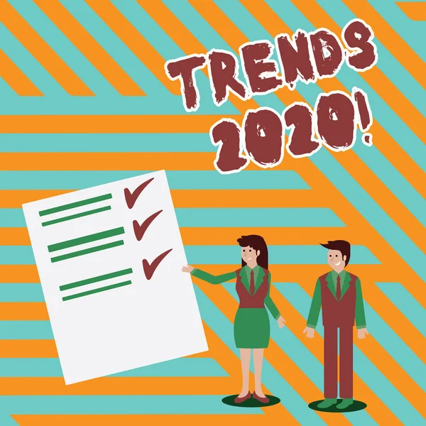 Schreiben Notiz zeigt Trends 2020. Business-Foto zeigt allgemeine Richtung, in der sich etwas entwickelt oder ändert Mann und Frau präsentieren Bericht von Scheck und Linien auf Papier. — Stockfoto