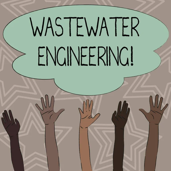 Writing note showing Wastewater Engineering. Business photo showcasing engineering methods to improve sanitation in publics Multiracial Hands Raising Up Reaching for Colorful Big Cloud. — Stock Photo, Image