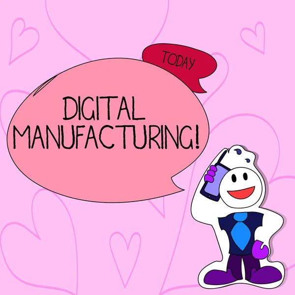 Text sign showing Digital Manufacturing. Conceptual photo integrated approach to analysisufacturing processes Smiley Face Man in Necktie Holding Smartphone to his Head in Sticker Style.