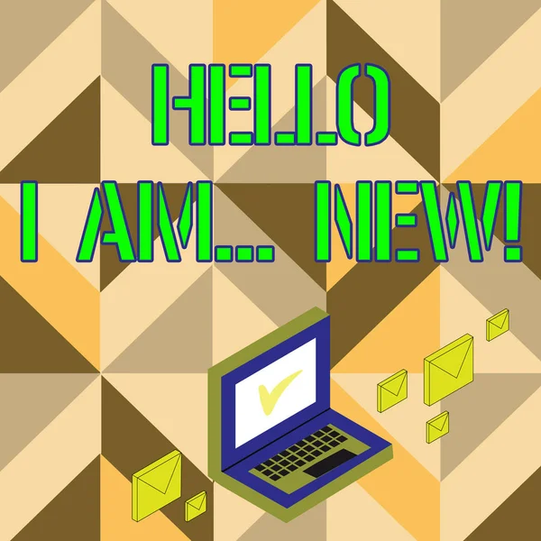 Word pisanie tekstu Hello I am New. Koncepcja biznesowa używana jako powitanie lub rozpoczęcie rozmowy telefonicznej kolor koperty mail wokół laptopa z ikoną znacznika wyboru na ekranie monitora. — Zdjęcie stockowe
