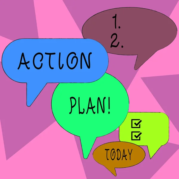 Texto de escritura de palabras Plan de acción. Concepto de negocio para la estrategia propuesta o el curso de acciones durante cierto tiempo. Muchos colores hablan burbujas en diferentes tamaños y sombras para la discusión en grupo. . —  Fotos de Stock