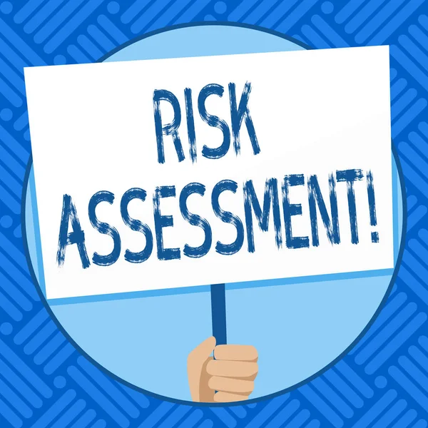 Text sign showing Risk Assessment. Conceptual photo evaluating potential risks involved projected activity Hand Holding Blank White Placard Supported by Handle for Social Awareness.