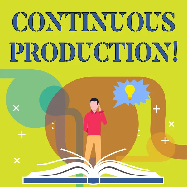 Conceptual hand writing showing Continuous Production. Business photo text Manufacture or produce materials without interruption Man Standing Behind Open Book Jagged Speech Bubble with Bulb.