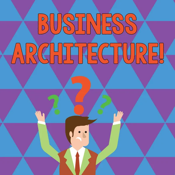 ビジネスアーキテクチャを示すメモを書く。頭の上の疑問符で両方の腕を上げるビジネスモデルのビジネスマンのグラフィカルな表現を紹介するビジネス写真. — ストック写真