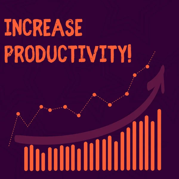 Text tecken som visar öka produktiviteten. Konceptuell bild förbättra effektiviteten i produktions processer kombination av färgglada kolumn och linje grafiskt diagram med pil Going up. — Stockfoto