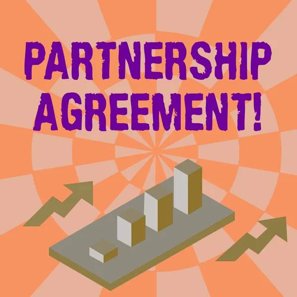 Textový zápis textu dohoda o partnerství. Podnikatelský koncept pro právní formu obchodní operace mezi stranami barevný Skupinový pruhový graf 3D pruhových diagramů v perspektivě se dvěma šipkami. — Stock fotografie