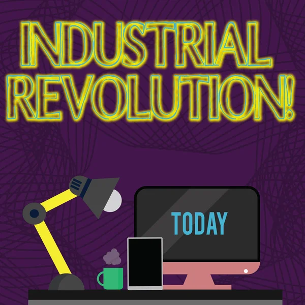 Handwriting text Industrial Revolution. Concept meaning time during which work done more by machines Arrangement of Workspace for Nightshift Worker with Computer,Tablet and Lamp. — Stock Photo, Image