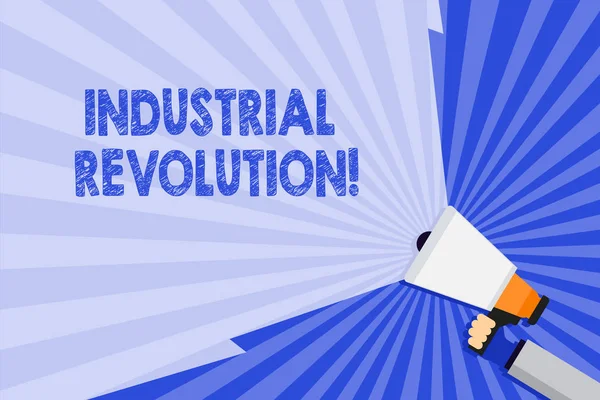 Textschreiben Industrielle Revolution. Geschäftskonzept für eine Zeit, in der die Arbeit mehr von Maschinen ausgeführt wird, die ein Megafon mit breitem Strahl halten, um den Volumenbereich zu erweitern. — Stockfoto