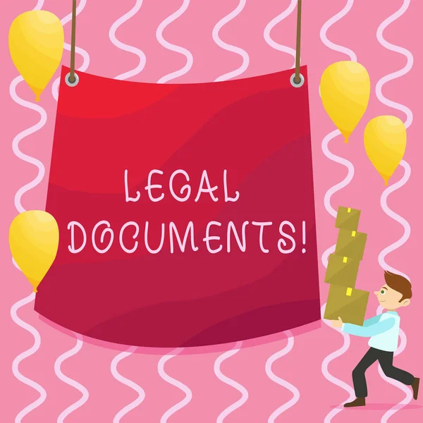 Text sign showing Legal Documents. Conceptual photo states some contractual relationship or grants some right Man Carrying Pile of Boxes with Blank Tarpaulin in the Center and Balloons. — Stock Photo, Image