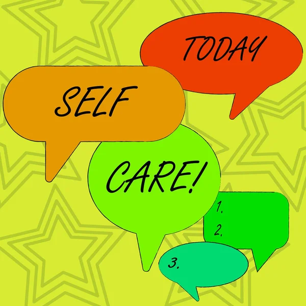 Conceptual hand writing showing Self Care. Business photo showcasing practice of taking action to preserve or improve ones own health Speech Bubble in Different Sizes and Shade Group Discussion.