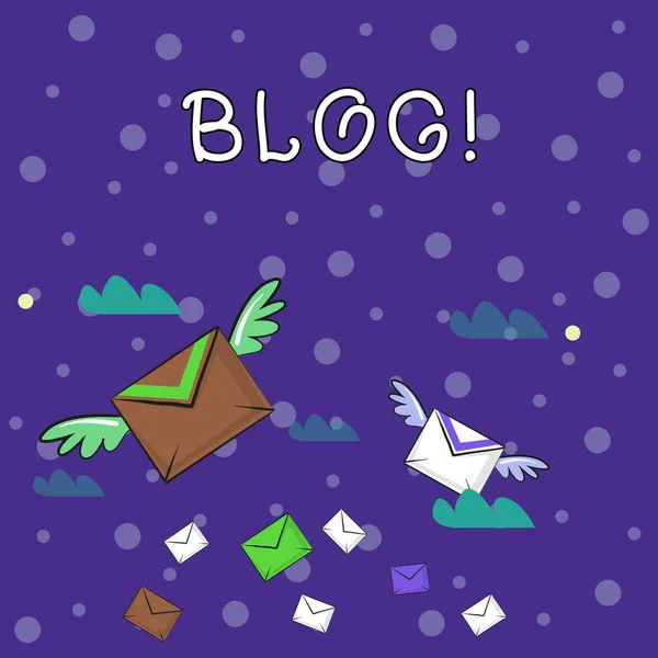 Tulisan tangan teks Blog. Konsep makna secara teratur update halaman web yang dijalankan oleh individu atau kelompok Banyak Colorful Airmail Flying Letter Envelopes dan Two of Them with Wings . — Stok Foto