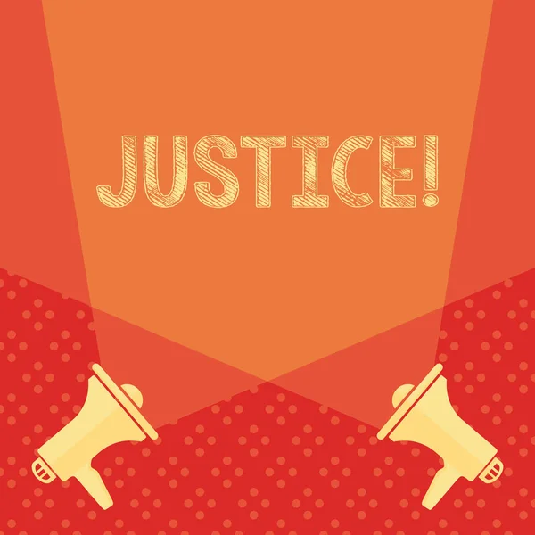 Word writing text Justice. Business concept for impartial adjustment of conflicting claims or assignments Blank Double Spotlight Crisscrossing Upward from Two Megaphones on the Floor. — Stock Photo, Image