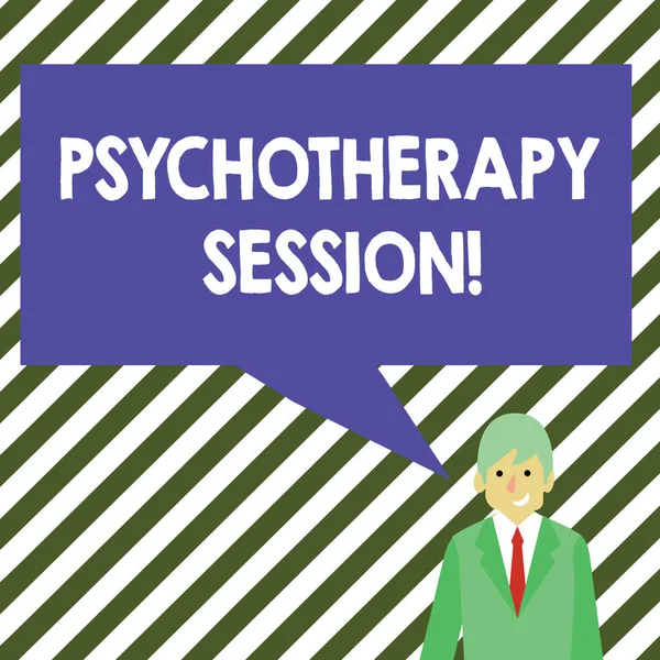 Word writing text Psychotherapy Session. Business concept for treatments that can help with mental health problems Businessman Smiling and Talking with Blank Rectangular Color Speech Bubble.
