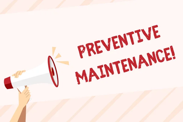 Conceptual hand writing showing Preventive Maintenance. Business photo text Routine maintenance to help keep equipment up Human Hand Holding Megaphone with Sound Icon and Text Space.