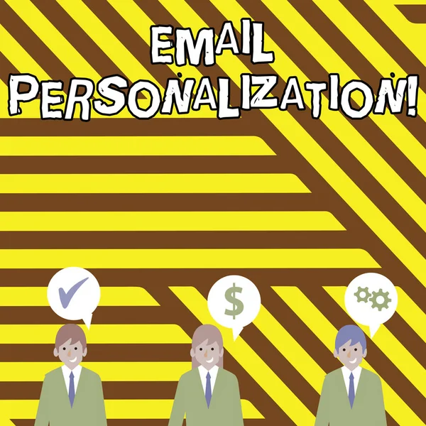 Conceptual hand writing showing Email Personalization. Business photo text allows to insert demonstratingal data into the email template Businessmen has Speech Bubble with Optimization Cost Icons.