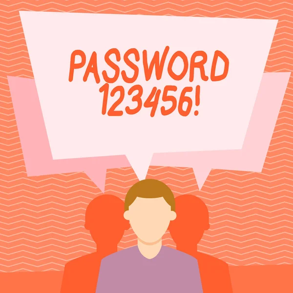 Text sign showing Password 123456. Conceptual photo secret word phrase must used gain admission to place Faceless Man has Two Shadows Each has Their Own Speech Bubble Overlapping. — Stock Photo, Image