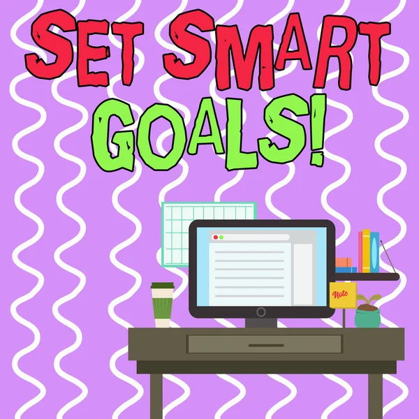 Conceptueel handschrift met de set Smart goals. Zakelijke fotopresentatie lijst om uw ideeën te verduidelijken richten inspanningen gebruik tijd wijselijk foto van interieur werkruimte station technische persoon. — Stockfoto