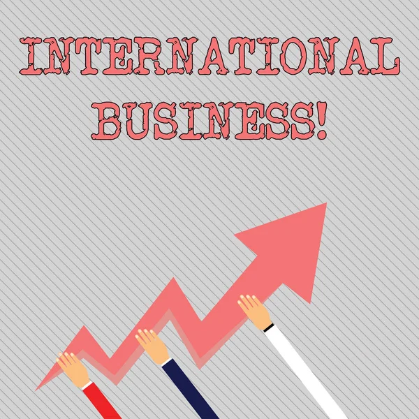 Text sign showing International Business. Conceptual photo Exchange of goods and services between countries Three Hands Holding Colorful Zigzag Lightning Arrow Pointing and Going Up.