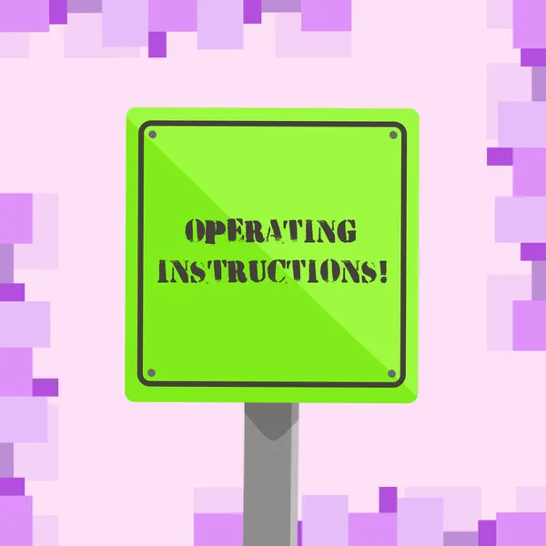 Conceptual hand writing showing Operating Instructions. Business photo text Full information on how something should be operated 3D Square Colorful Caution Road Sign with Black Border Wood. — Stock Photo, Image