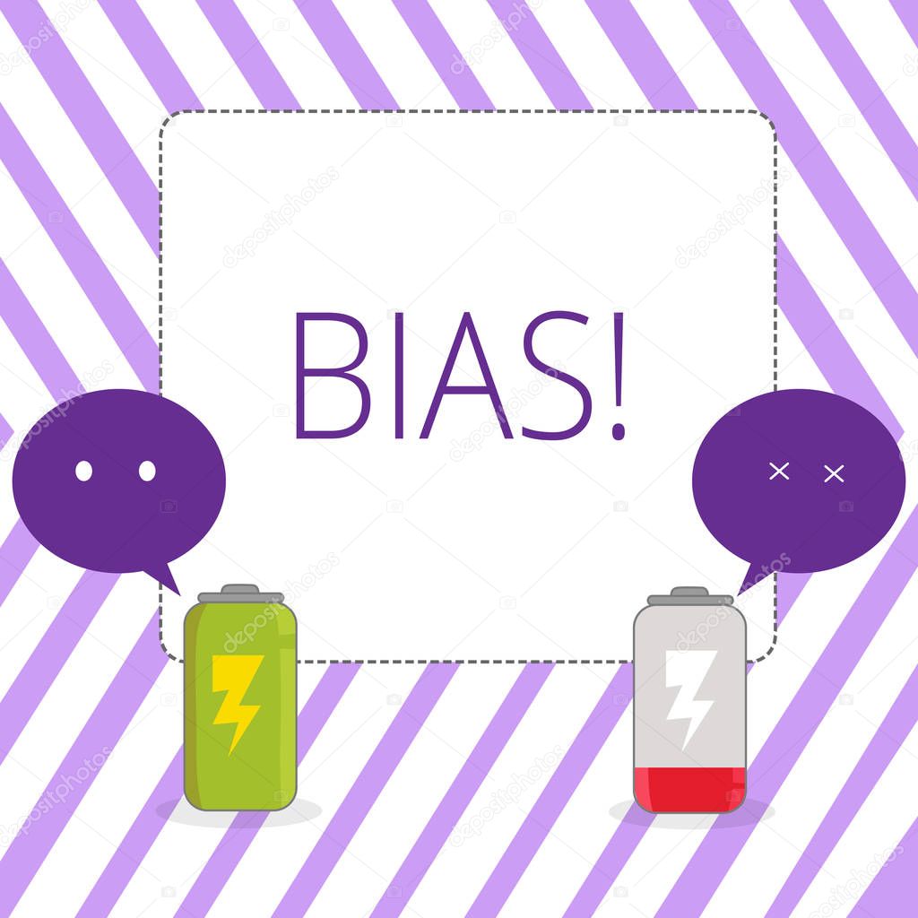 Writing note showing Bias. Business photo showcasing inclination or prejudice for or against one demonstrating group Fully Charge and Discharge Battery with Emoji Speech Bubble.