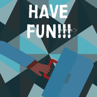 Word yazma metni eğlenin. İş kavramı isteyen biri iyi ve eğlenceli zaman onlar bir şey ne zaman acele Işadamı kol SW, geri ve el tutma renk evrak çantası.