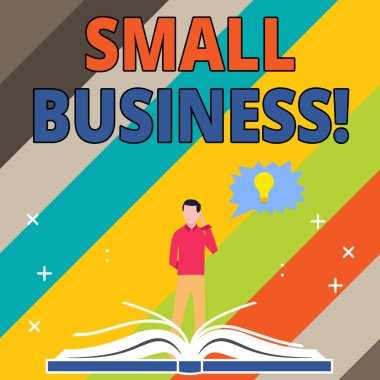 Word writing text Small Business. Business concept for independently owned and operated company limited in size Man Standing Behind Open Book, Hand on Head, Jagged Speech Bubble with Bulb. clipart