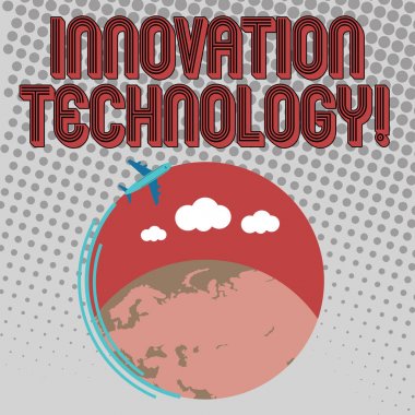 El yazısı metin yenilik teknolojisi. Konsept anlam önemli teknolojik değişiklikler ürünleri ve süreçleri uçak ile hareketli simge renkli Küre ve boş metin alanı etrafında uçan.