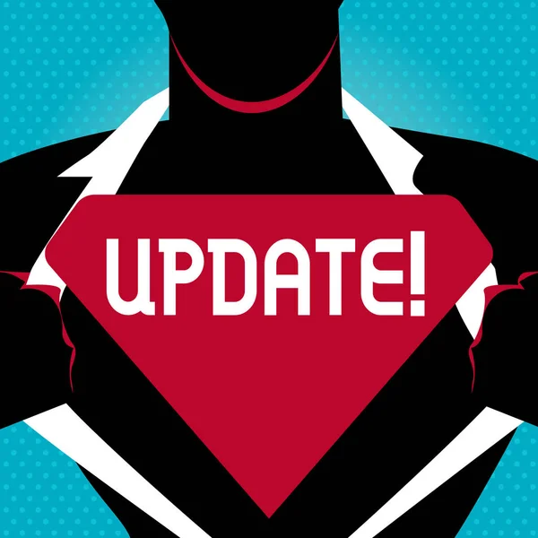 Text sign showing Update. Conceptual photo make something more modern or up to date like software programs Man in Superman Pose Opening his Shirt to reveal the Blank Triangular Logo.