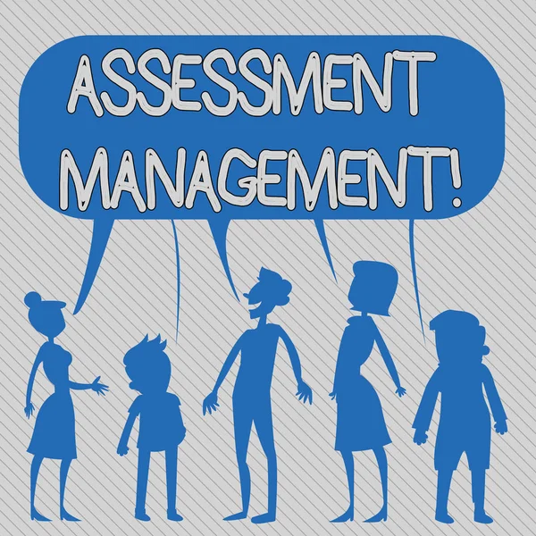 Text sign showing Assessment Management. Conceptual photo analysisagement of investments on behalf of others Silhouette Figure of People Talking and Sharing One Colorful Speech Bubble. — Stock Photo, Image