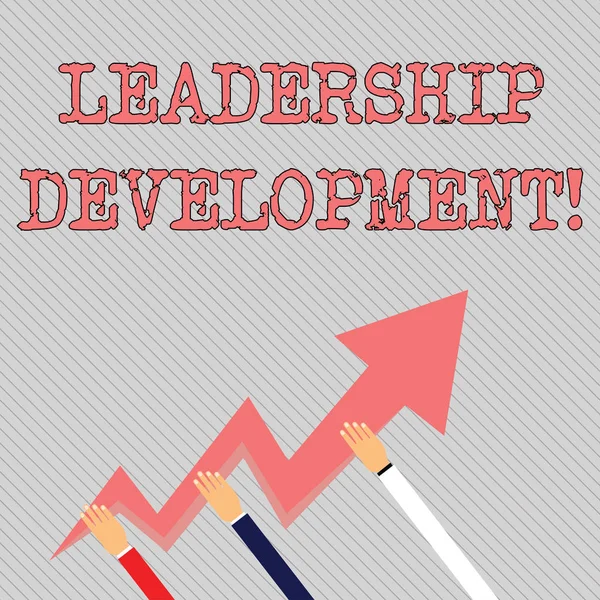 Text sign showing Leadership Development. Conceptual photo program that makes showing become better leaders Three Hands Holding Colorful Zigzag Lightning Arrow Pointing and Going Up.